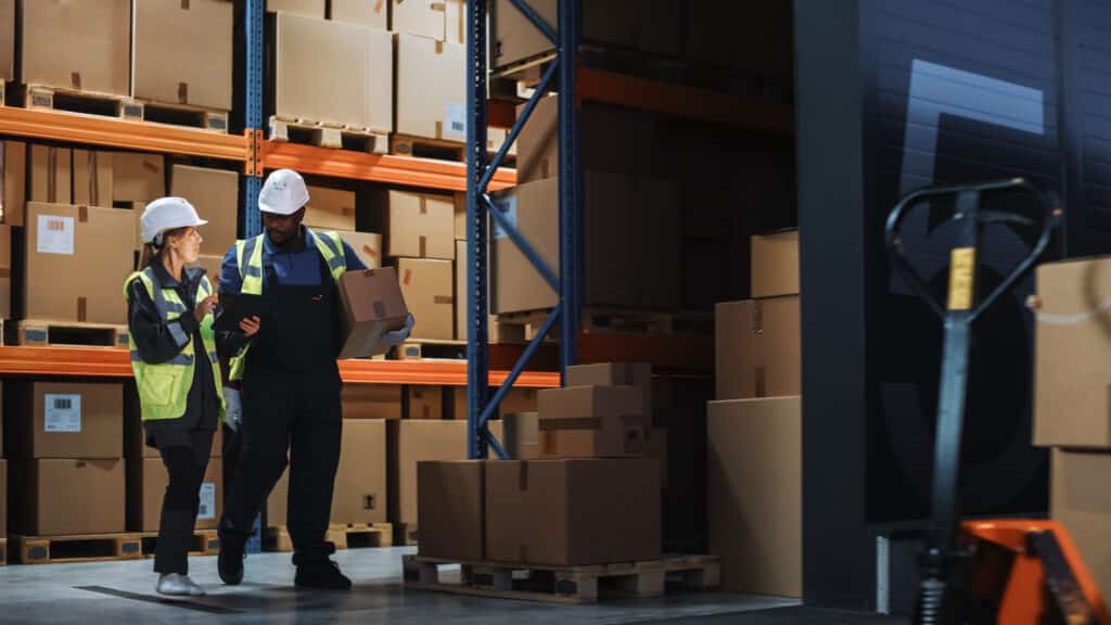 Outside of Logistics Distributions Warehouse: Inventory Manager Using Tablet Computer, talking to Worker with Cardboard Box Walking out of Warehouse. Online Orders, E-Commerce.
