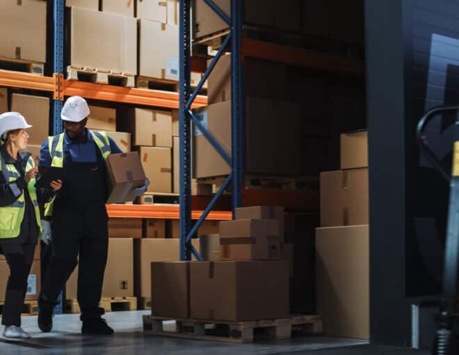 two warehouse workers looking at a tablet in the aisle of warehouse