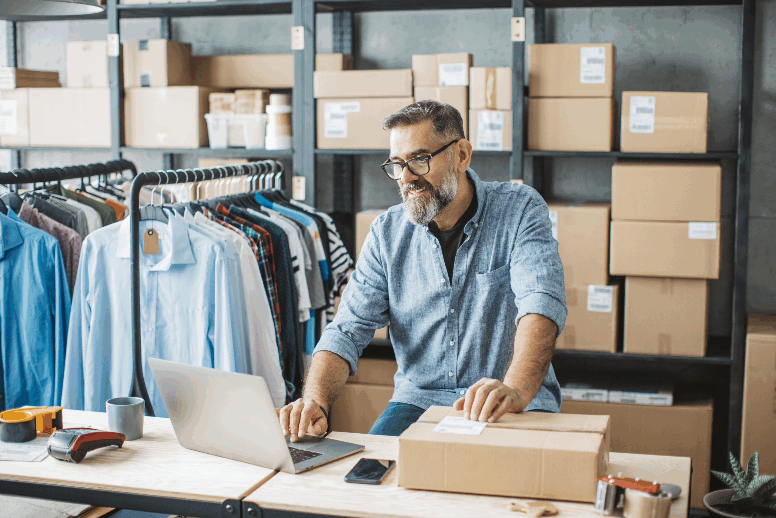 Man looking at laptop at desk shipping box