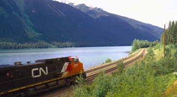 train on track overlooking mountains and lake