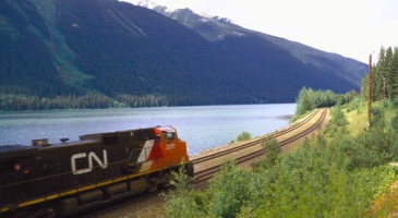 train on track overlooking mountains and lake