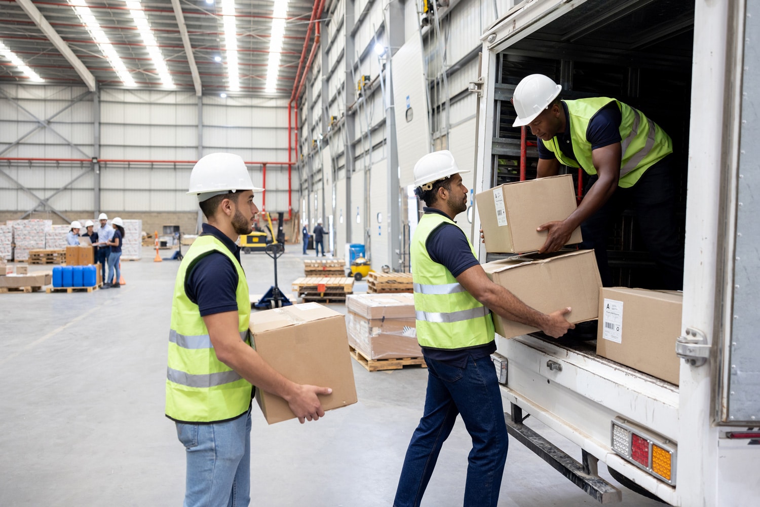 workers unloading boxes from truck