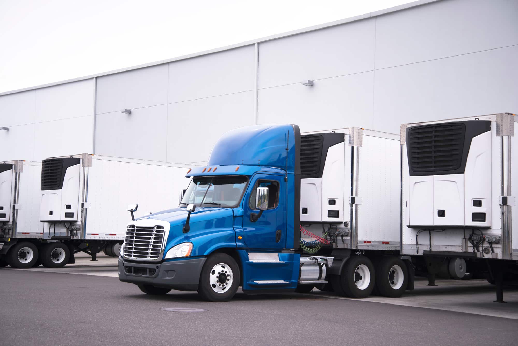 Blue semi-truck parked near refrigerated trailers