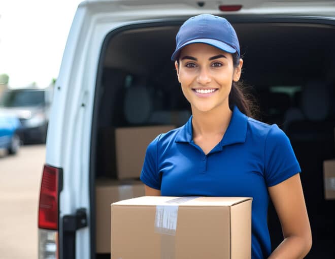 smiling last mile female driver posing in front of a cargo truck