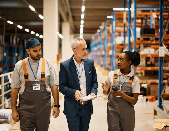 Two workers and a manager walking and talking about warehouse management