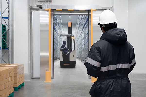 Worker overseeing forklift operation in cold storage warehouse