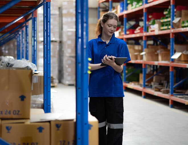 Woman in blue making notes on a tablet in warehouse