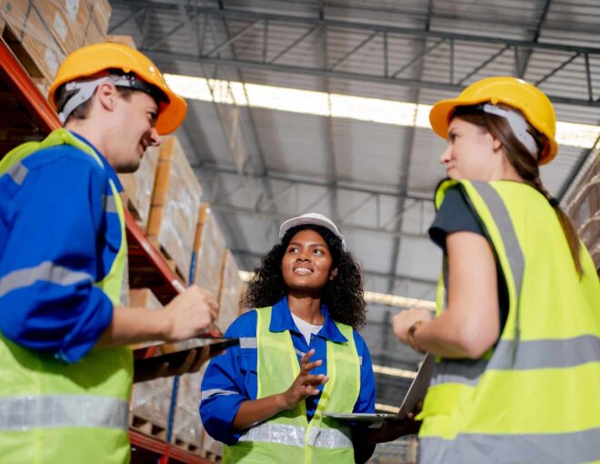 Capstone warehouse team working together.