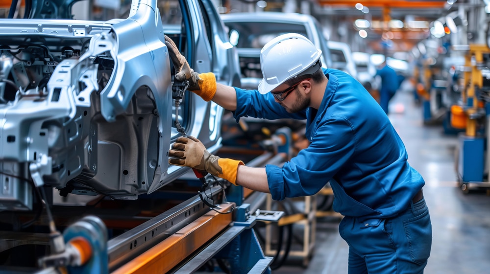 Factory worker assembling car on production line