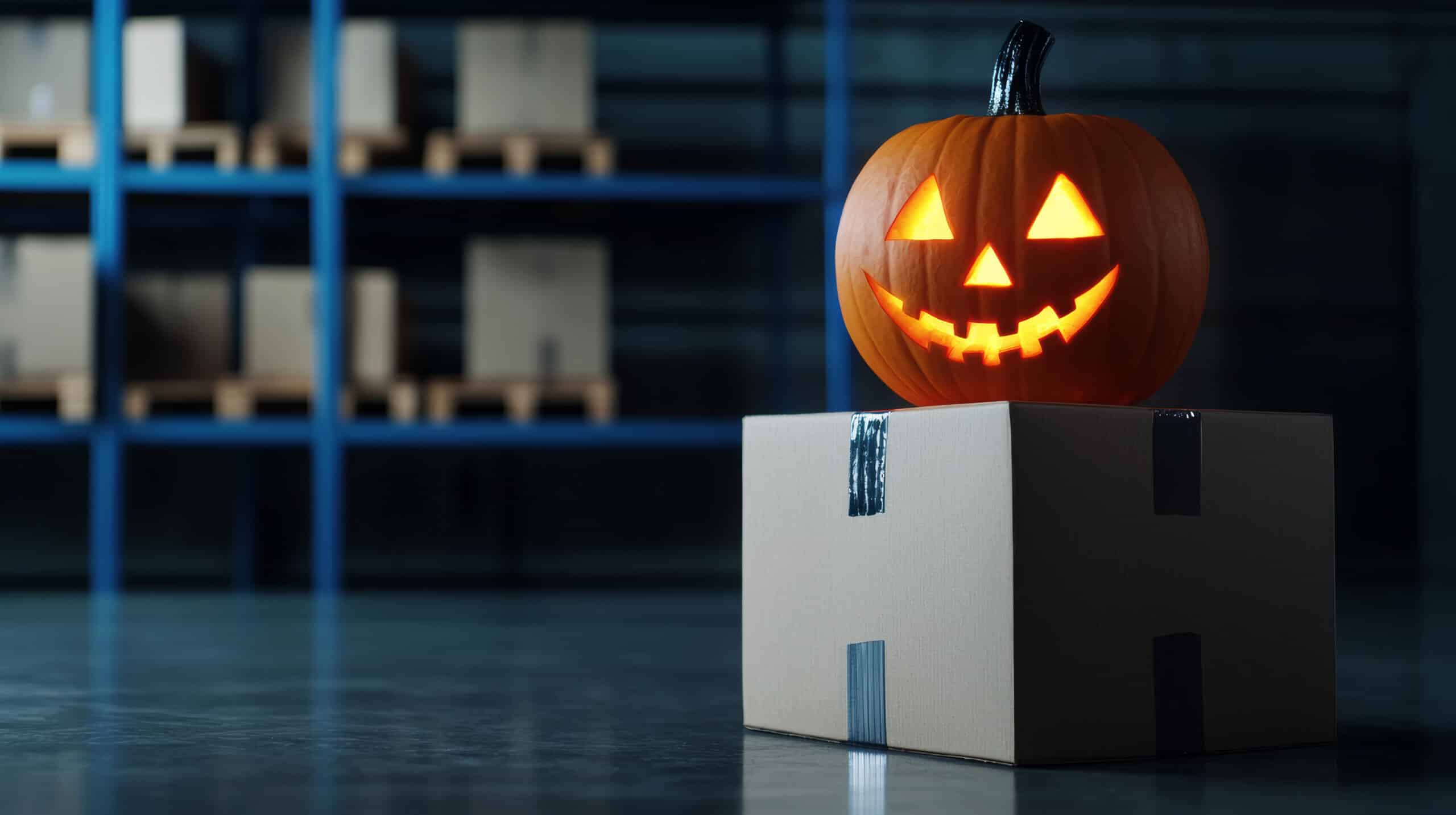 Jack-o-Lantern on Shipping Box on Warehouse Floor