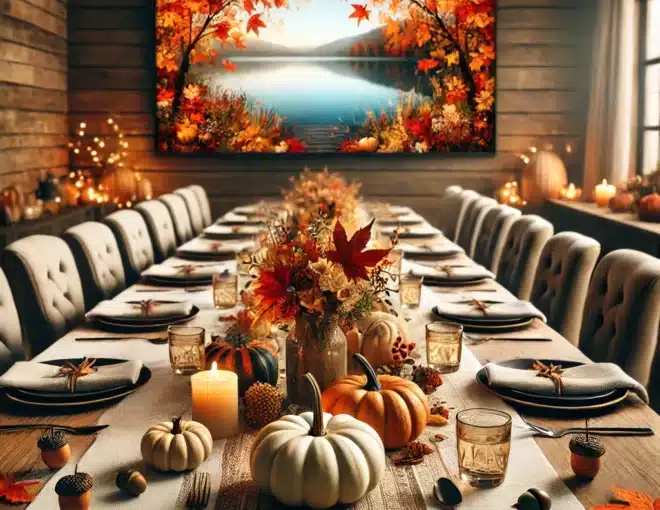 Long Dining Table Set with Fall Decorations
