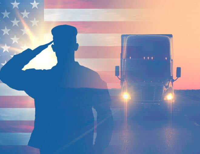 Veteran Saluting in Front of Flag and Semi-Truck