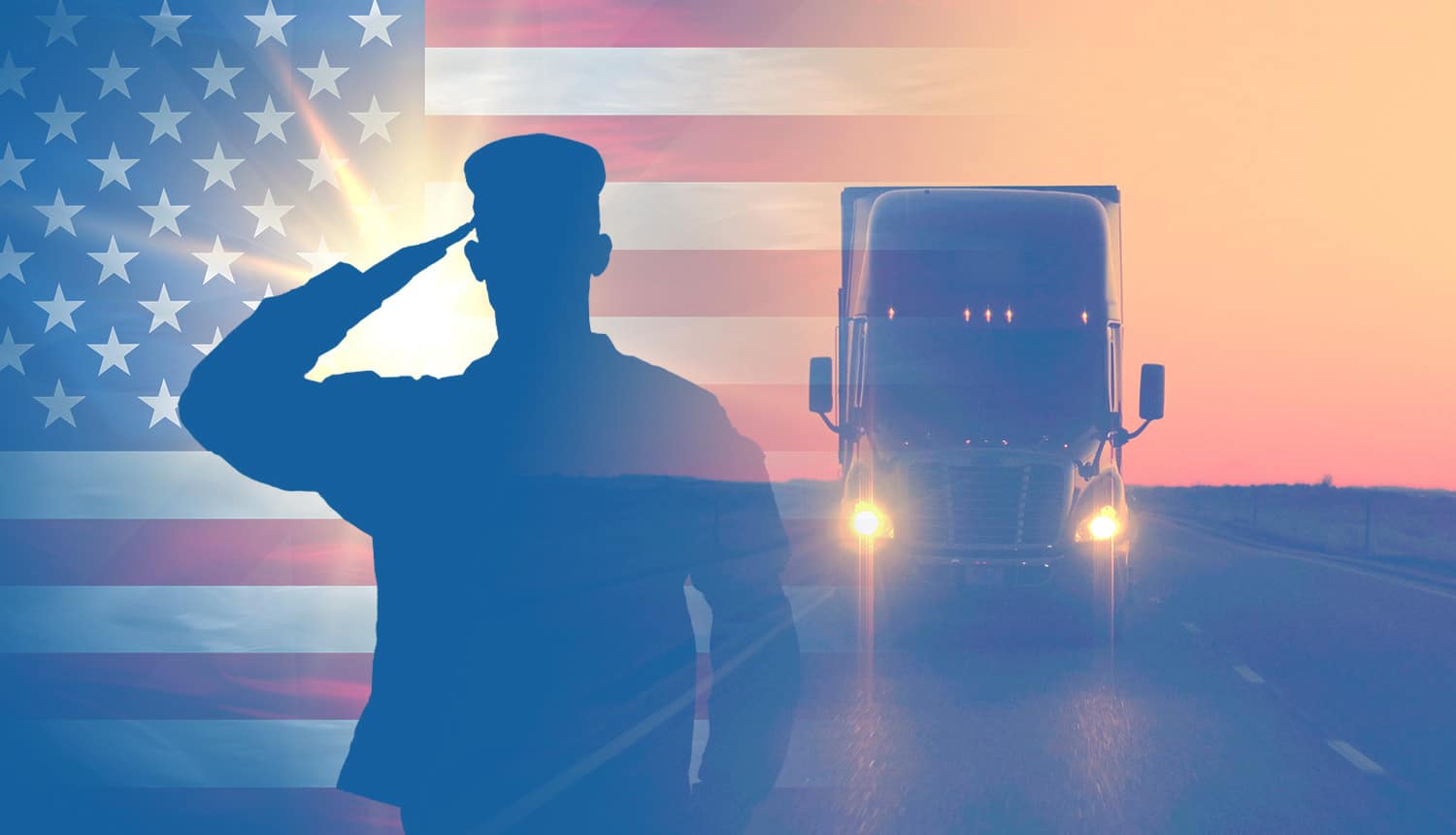 Veteran Saluting in Front of Flag and Semi-Truck