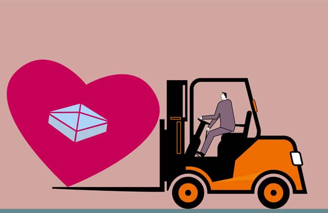 forklift moving a heart with a capstone watermark in a heart