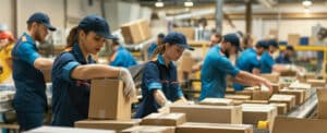 employees packing and sorting boxes in a warehouse