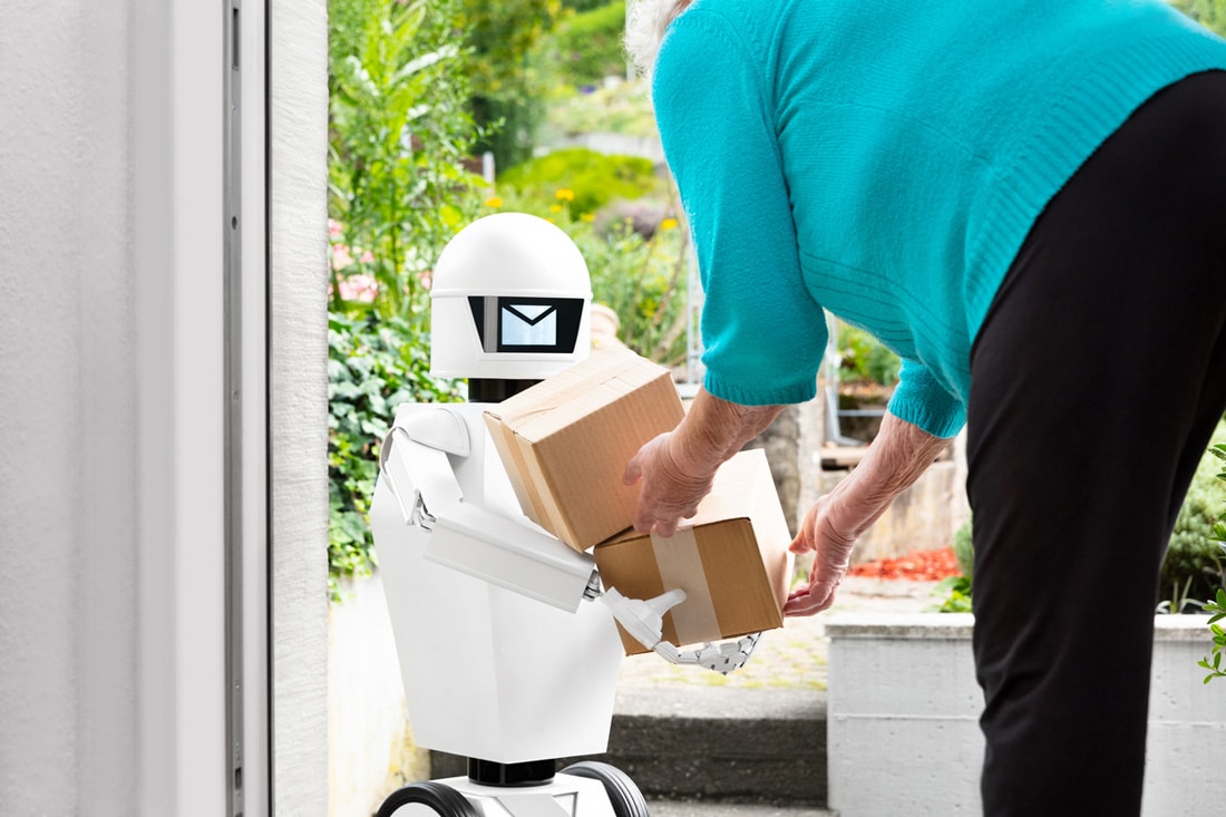 a robot delivering a package to an older customer