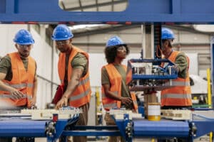 four warehouse workers with safety vest in a manufacturing facility