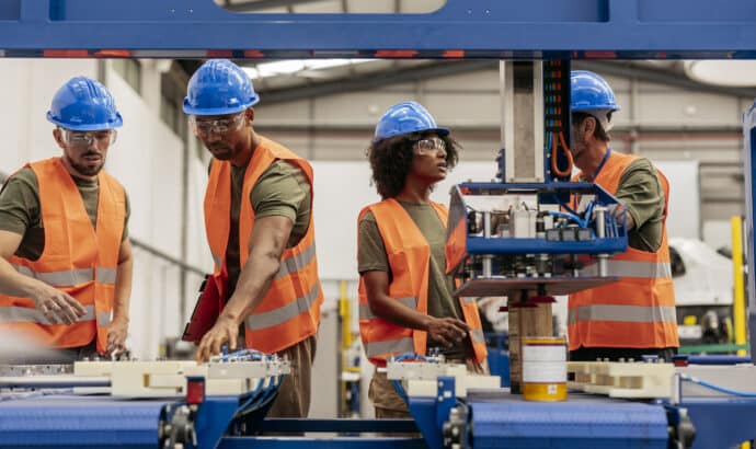 four warehouse workers with safety vest in a manufacturing facility