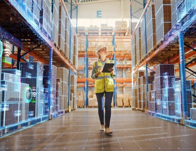 Female warehouse operator using advanced technology and real-time data to optimize logistics performance