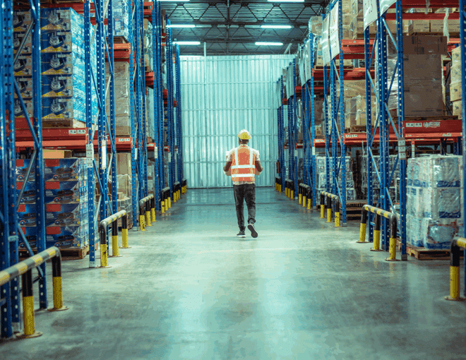 Warehouse worker walking through stocked distribution center during labor shortage