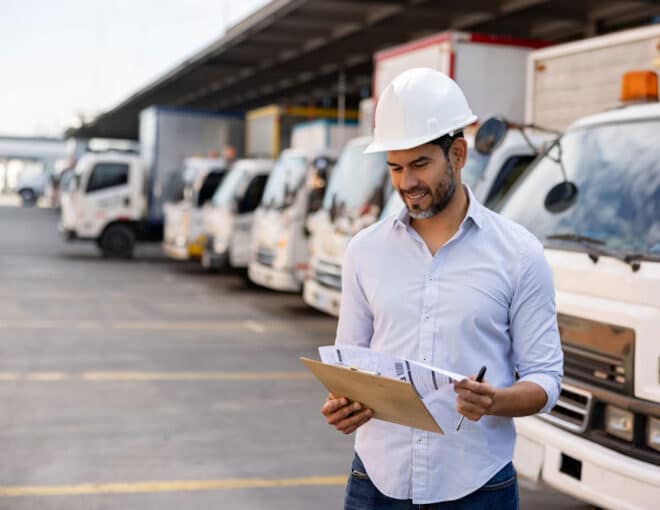 warehouse engineer in front of trucks in a dock