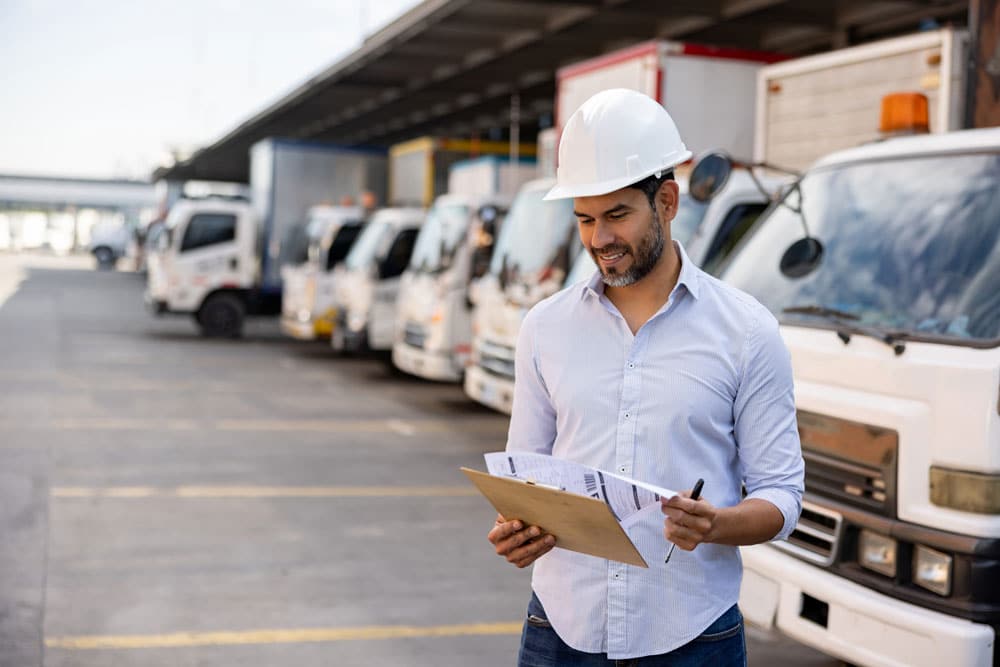 warehouse engineer in front of trucks in a dock