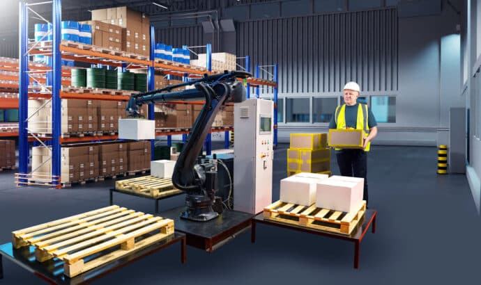 worker in warehouse utilizing robots to pick and grab boxes