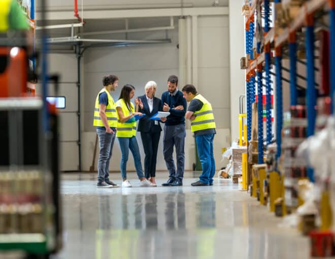 warehouse workers gathered around a corporate worker looking at information