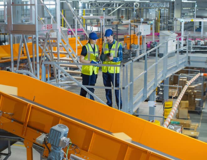 warehouse associates diagnosing automation and conveyor belts