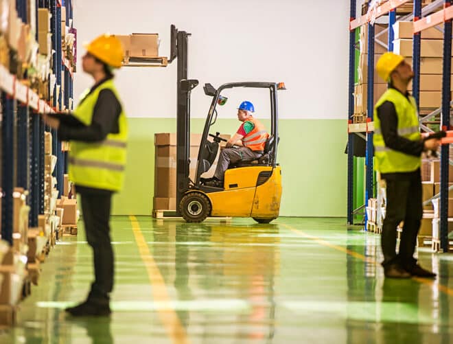 warehouse associates performing various activities including driving a forklift
