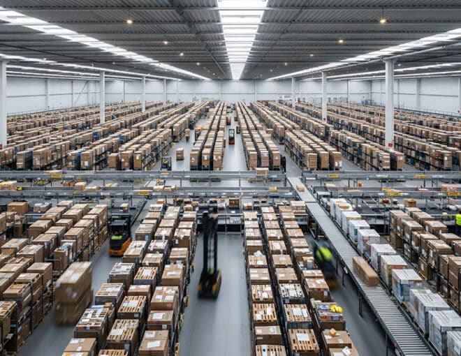 Overview of workers in a warehouse and supply chain flow