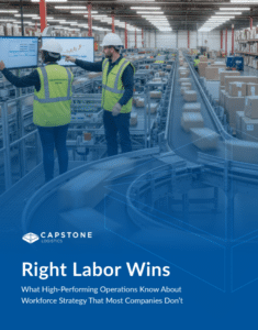 Right Labor Wins workforce strategy eBook cover showing warehouse employees analyzing operations in a high-volume distribution center.