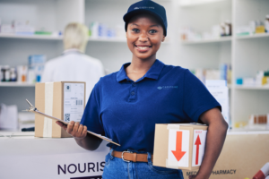 medical courier delivering pharmaceutical vaccines to a lab.