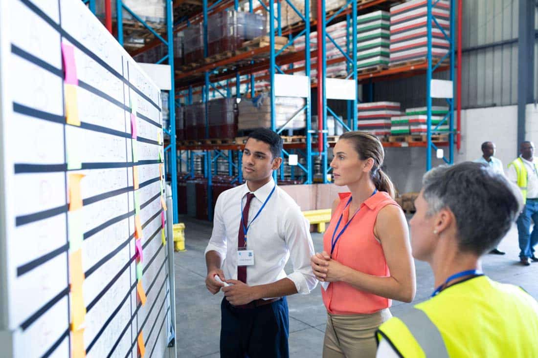 Warehouse operations team reviewing distribution center startup plans