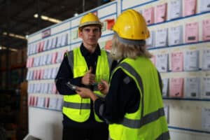 Warehouse managers discussing problems around the distribution center