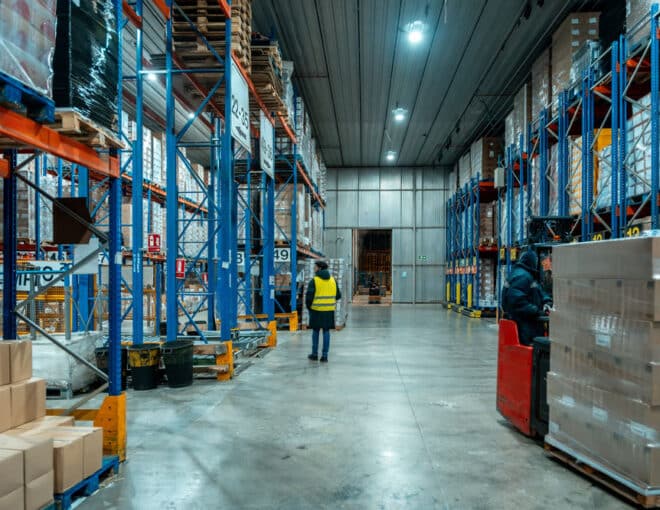 Warehouse associate moving inventory during a warehouse relocation at a distribution center