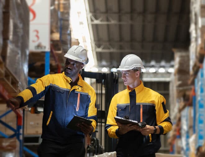 Warehouse associates using tablets to plan a warehouse relocation at a distribution center