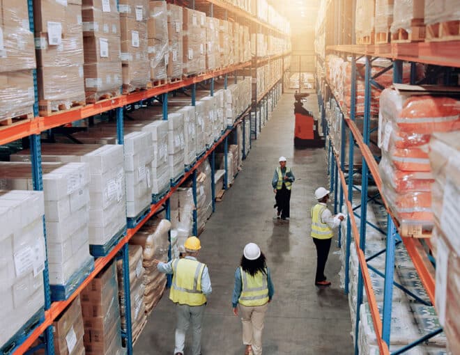 Warehouse associates working across a distribution center.