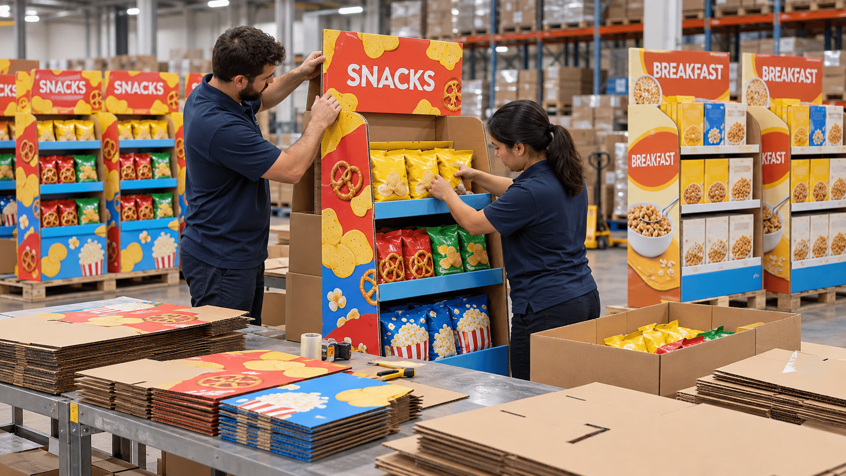 2 associates putting together packaging display