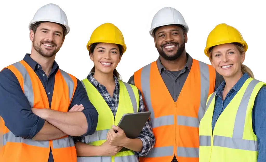 Smiling team of warehouse workers in hard hats and high-visibility vests